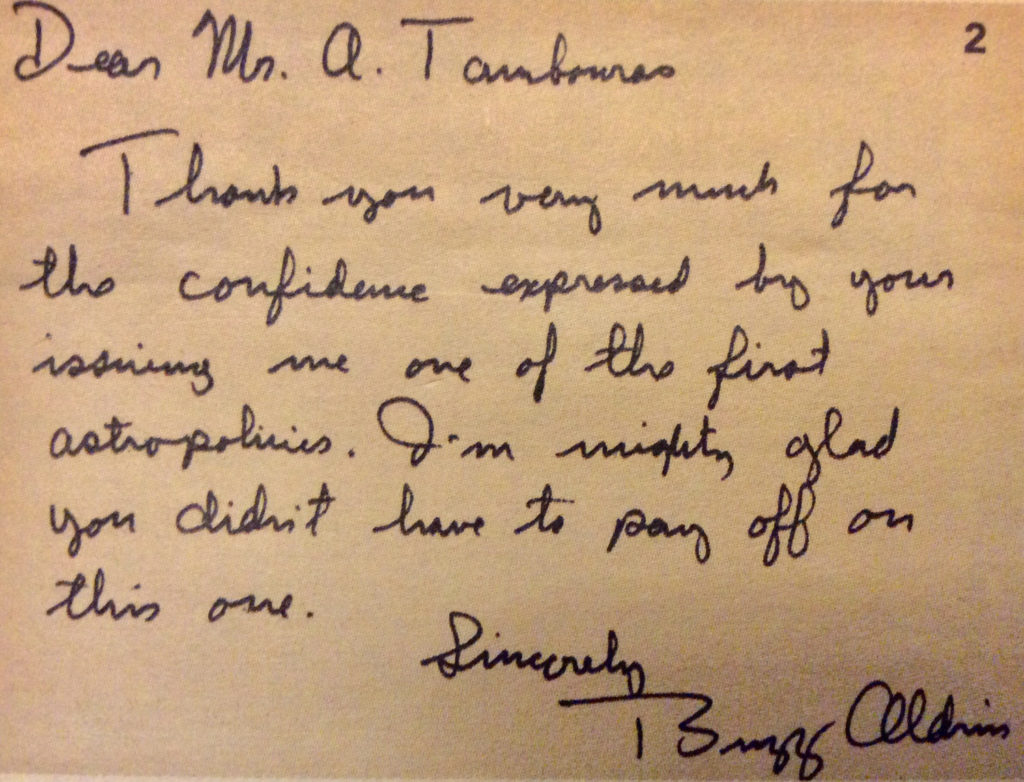 Η ευχαριστήρια επιστολή του ´Εντουιν ´Ωλντριν στον Αλέξανδρο Ταμπουρά