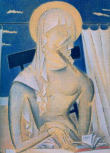 Η απόλυτη προσέγγιση της πνευματικότητας στις Τέχνες, η σύνδεση του θείου με τον λόγο (τη γλώσσα, το βιβλίο): το έργο “Παναγία με βιβλίο” του σπουδαίου Κωνσταντίνου Παρθένη (1878-1967). Το θέμα της Παναγίας να διαβάζει εμφανίζεται στην εικονογραφία από τα χρόνια της Αναγέννησης