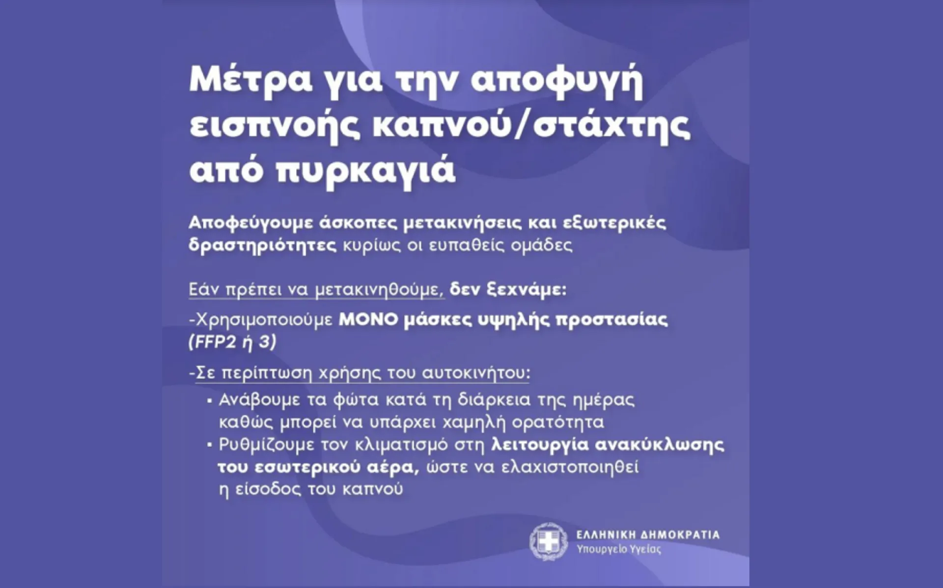 Υπ. Υγείας: Οδηγίες προστασίας από καπνό και στάχτη